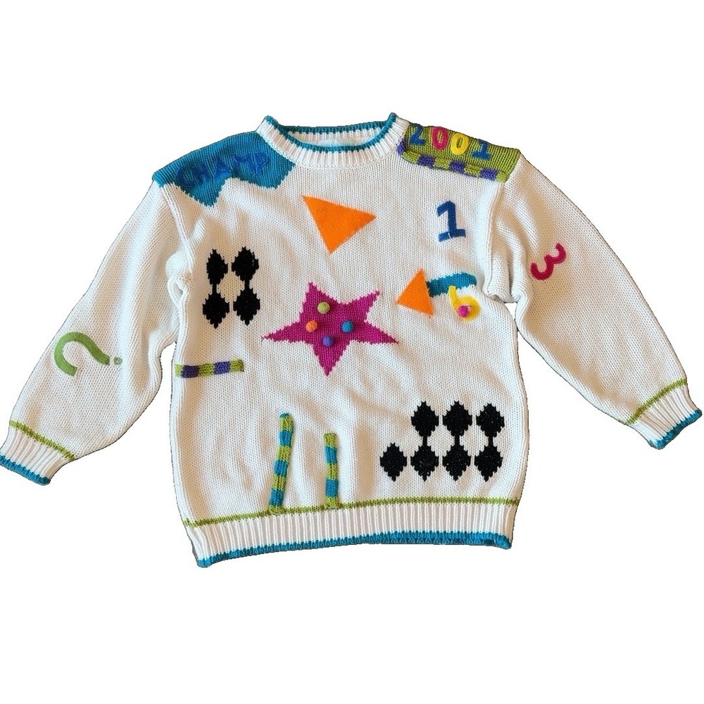 Vintage Y2K 2001 CHAMP Sweater L 3D Abstract Geometric Knit Korea